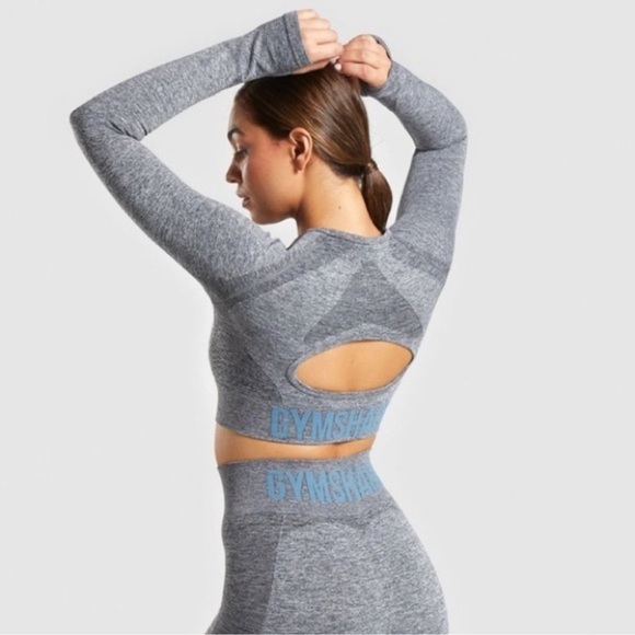 Gymshark Flex Long Sleeve Crop Top in Charcoal Marl/Teal - Picture 3 of 8